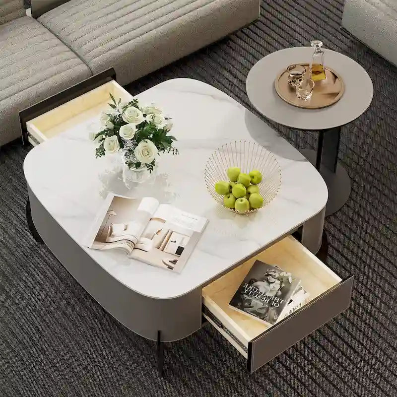 Table basse carrée moderne avec 2 tiroirs, table d'appoint blanche style mécha