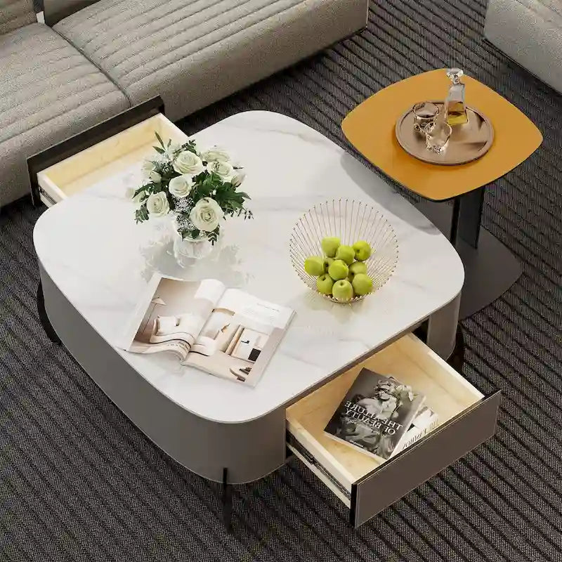 Table basse carrée moderne avec 2 tiroirs, table d'appoint blanche style mécha