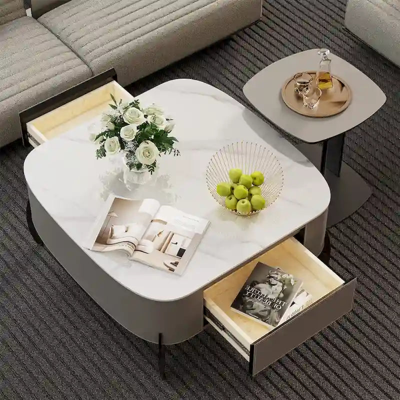 Table basse carrée moderne avec 2 tiroirs, table d'appoint blanche style mécha