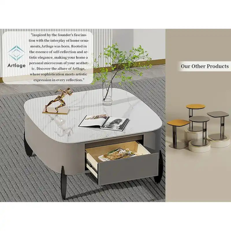Table basse carrée moderne avec 2 tiroirs, table d'appoint blanche style mécha