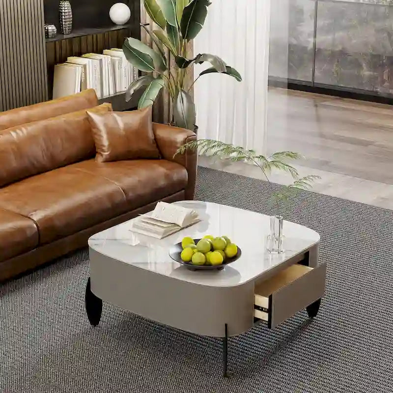Table basse carrée moderne avec 2 tiroirs, table d'appoint blanche style mécha