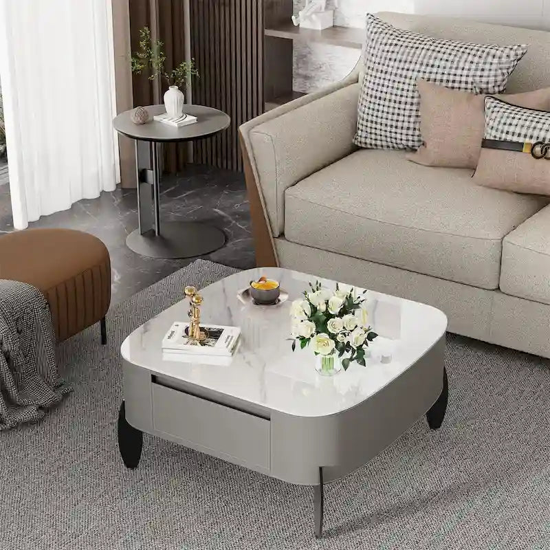 Table basse carrée moderne avec 2 tiroirs, table d'appoint blanche style mécha