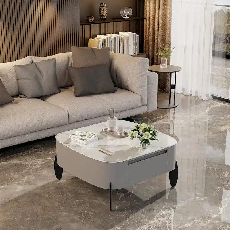 Table basse carrée moderne avec 2 tiroirs, table d'appoint blanche style mécha