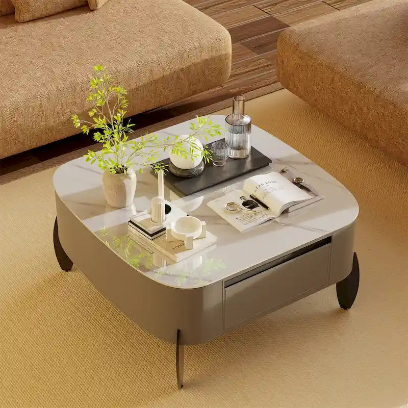 Table basse carrée moderne avec 2 tiroirs, table d'appoint blanche style mécha