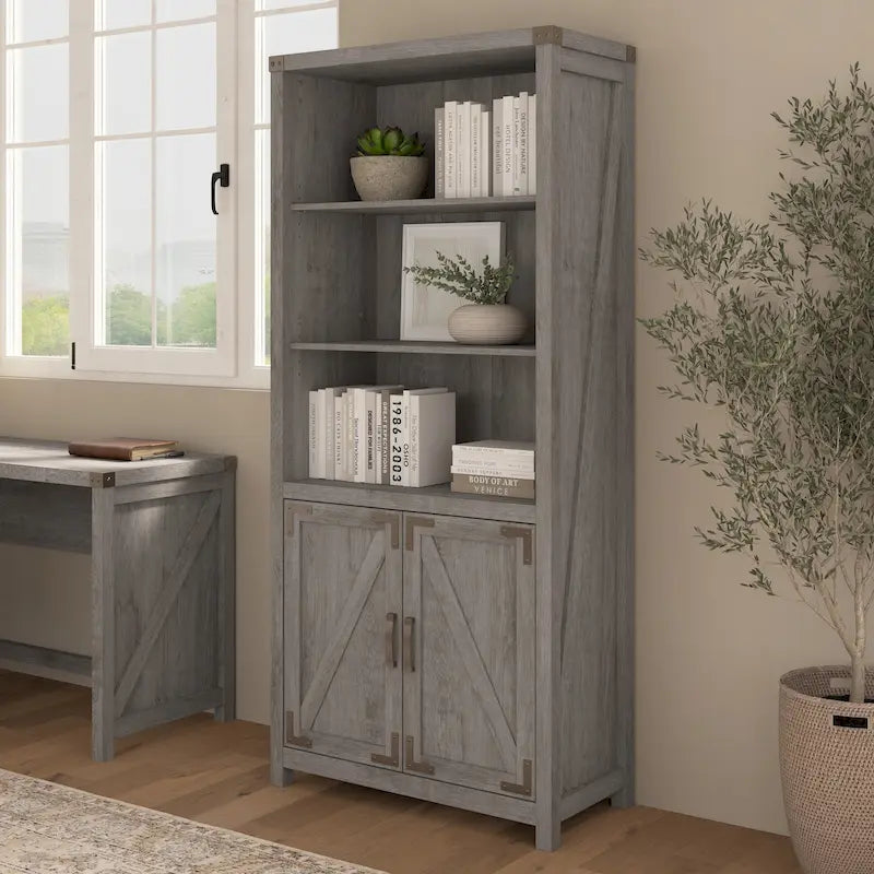 Bibliothèque haute à 5 étagères avec portes