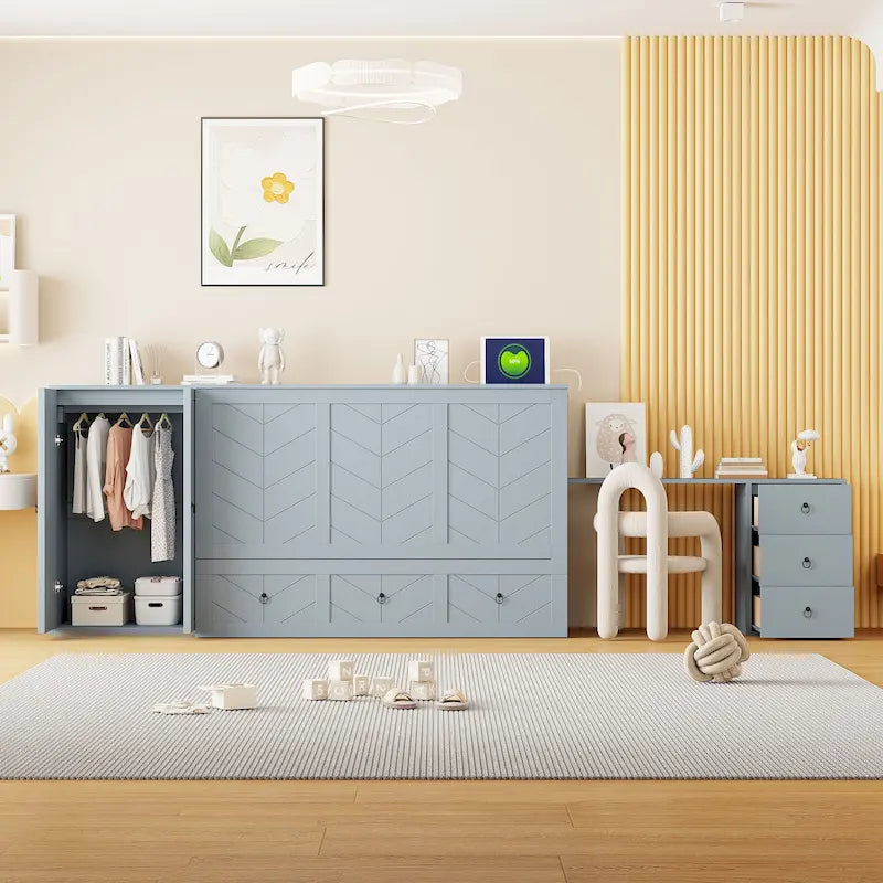 Un lit avec ports USB, de grands tiroirs et une armoire/bureau