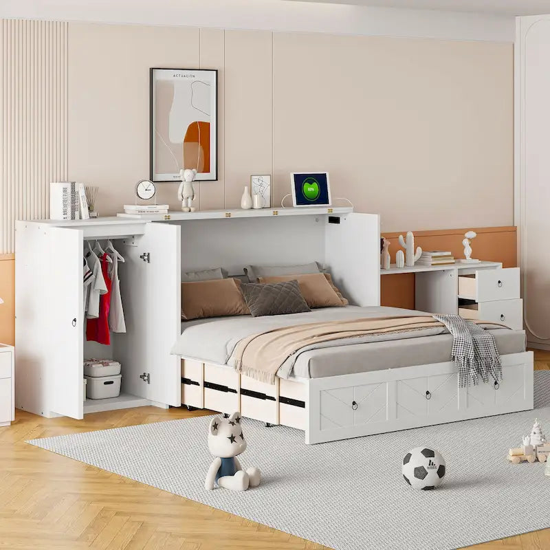 Un lit avec ports USB, de grands tiroirs et une armoire/bureau