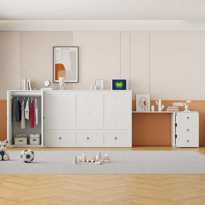 Un lit avec ports USB, de grands tiroirs et une armoire/bureau