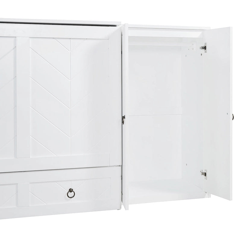 Un lit avec ports USB, de grands tiroirs et une armoire/bureau