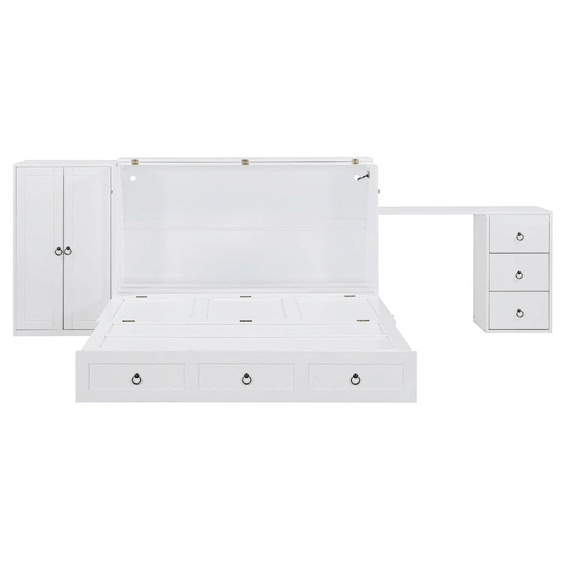 Un lit avec ports USB, de grands tiroirs et une armoire/bureau