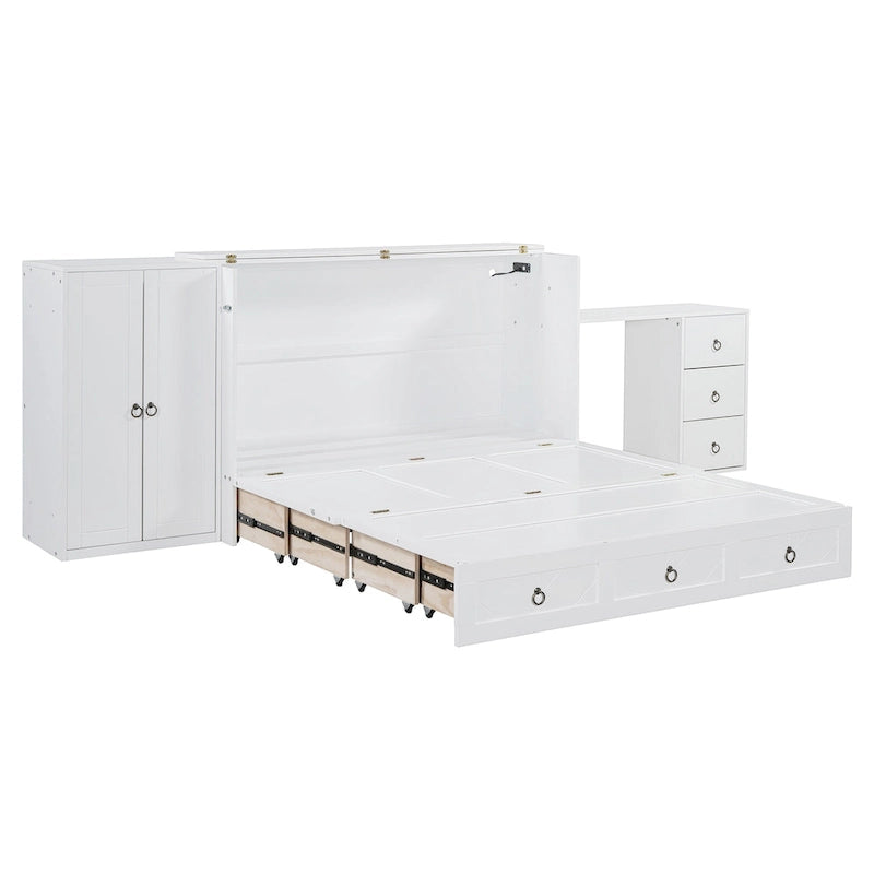 Un lit avec ports USB, de grands tiroirs et une armoire/bureau