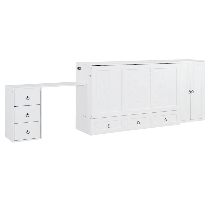 Un lit avec ports USB, de grands tiroirs et une armoire/bureau