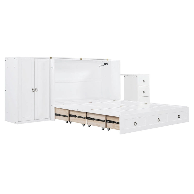 Un lit avec ports USB, de grands tiroirs et une armoire/bureau