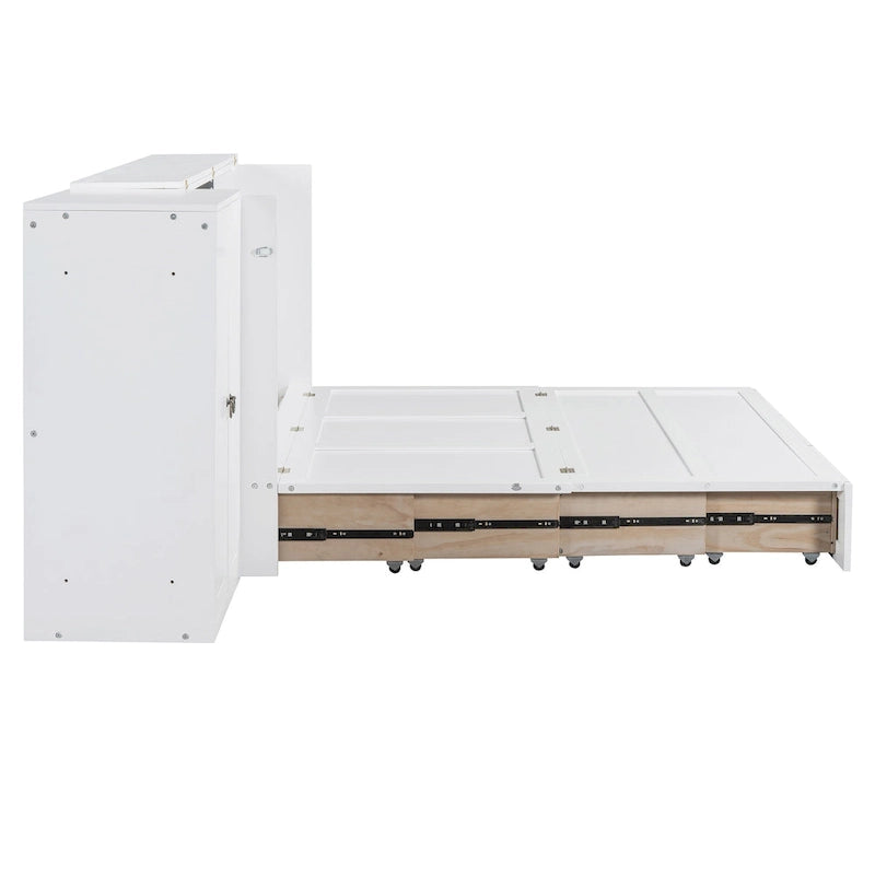 Un lit avec ports USB, de grands tiroirs et une armoire/bureau