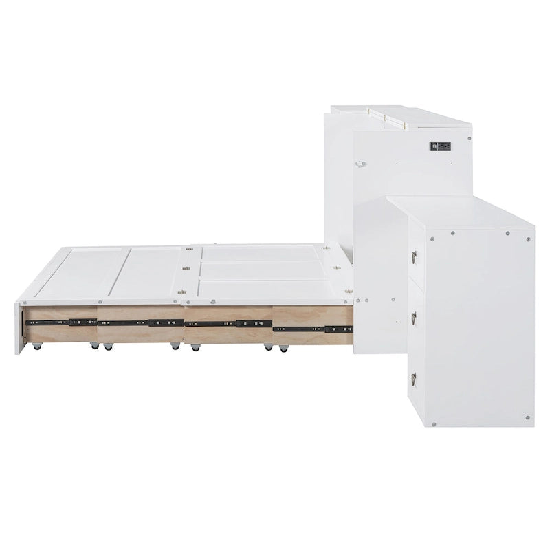 Un lit avec ports USB, de grands tiroirs et une armoire/bureau