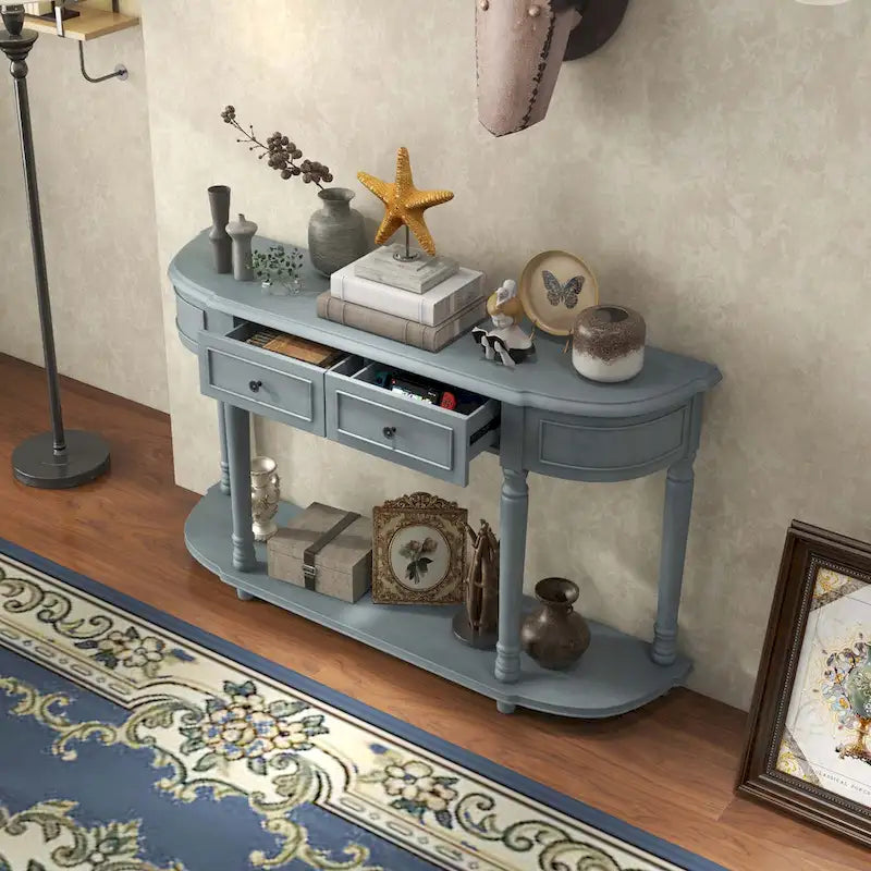 Longue table console avec 2 tiroirs et étagère ouverte style rétro