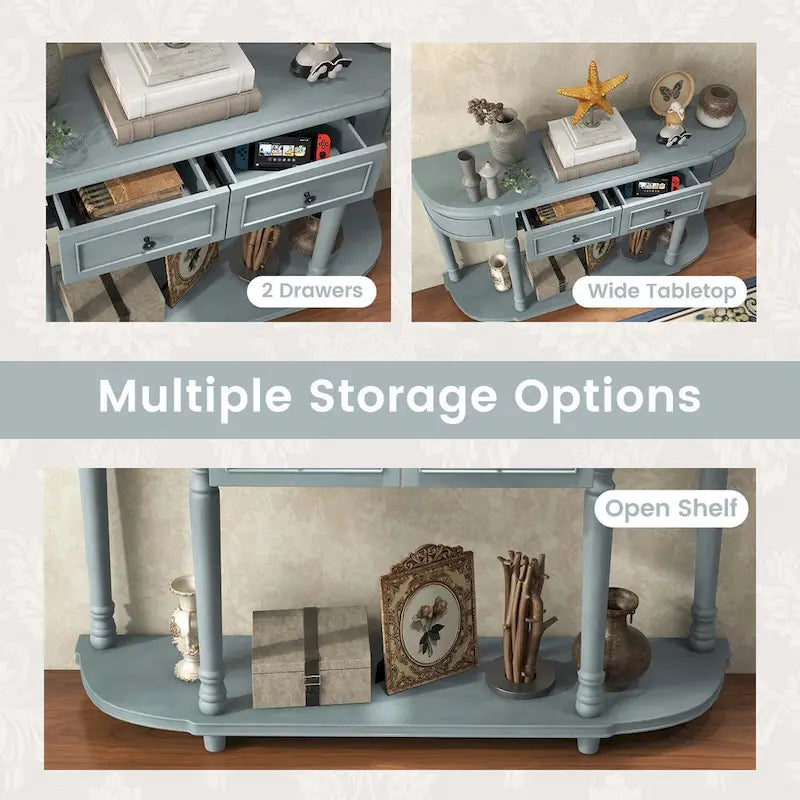 Longue table console avec 2 tiroirs et étagère ouverte style rétro