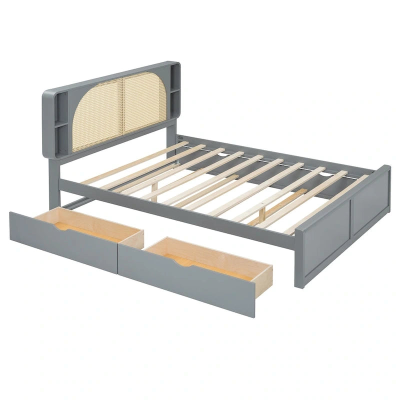 Cadre de lit plateforme avec tête de lit en rotin, 2 tiroirs et lit gigogne coulissant