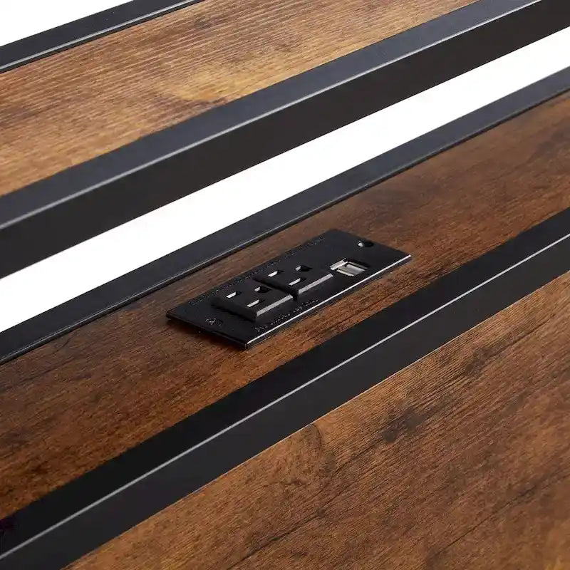 Lit plateforme en métal avec lumières LED, tête de lit en bois et deux tiroirs