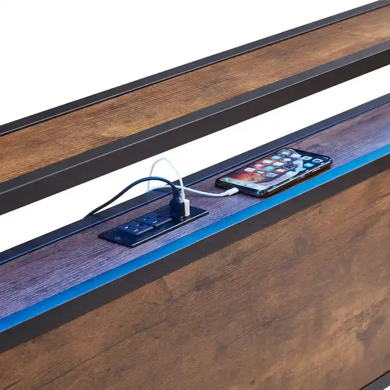Lit plateforme en métal avec lumières LED, tête de lit en bois et deux tiroirs