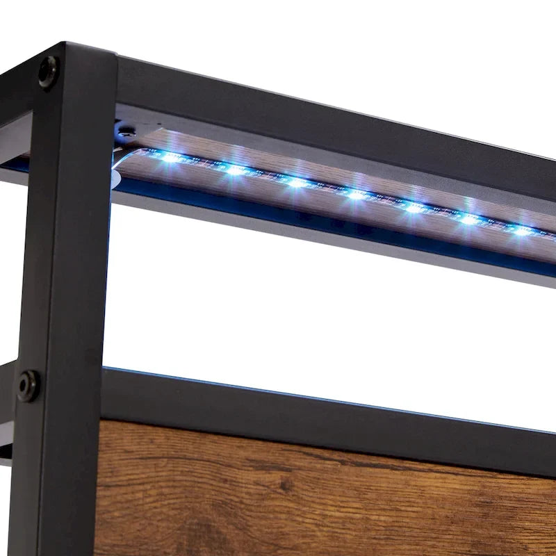 Lit plateforme en métal avec lumières LED, tête de lit en bois et deux tiroirs