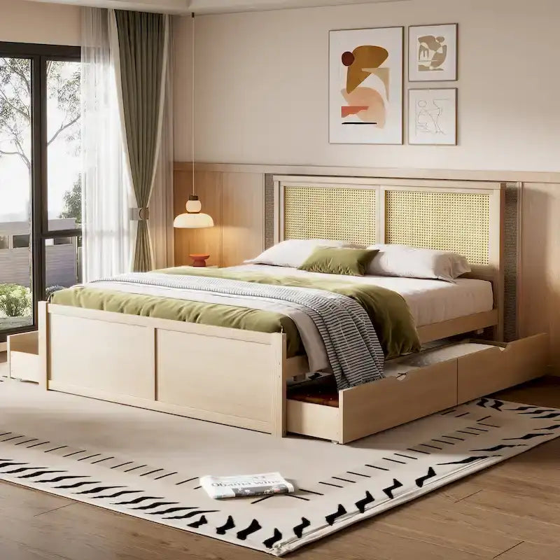Lit de rangement en bois naturel avec 4 tiroirs et tête de lit en rotin