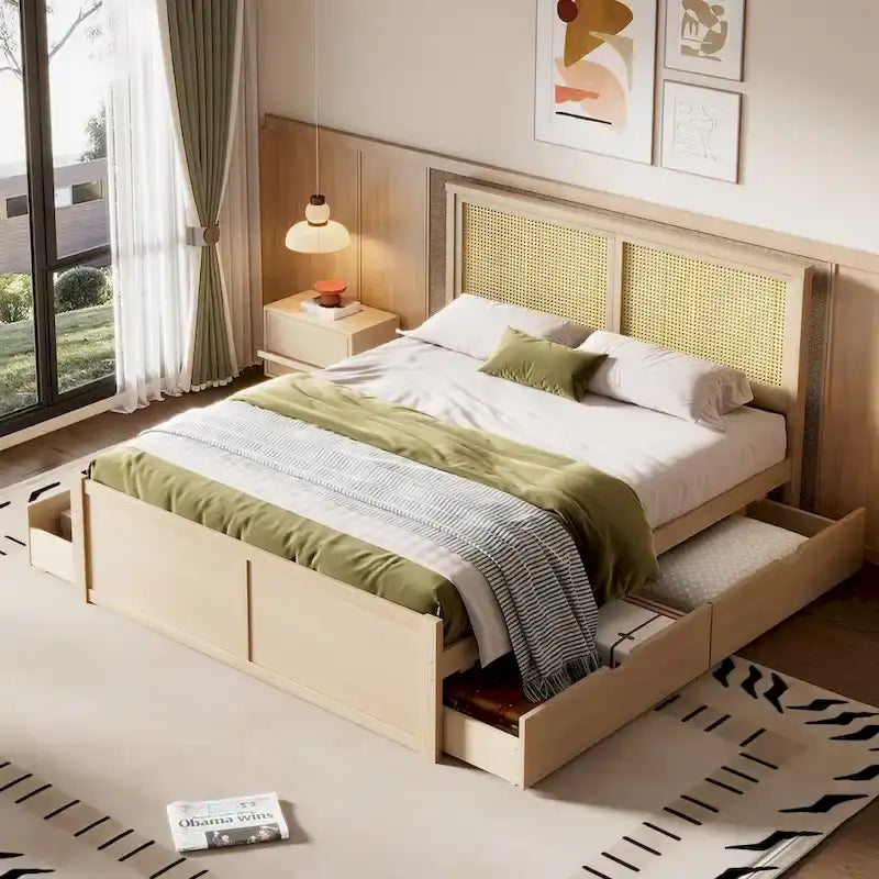 Lit de rangement en bois naturel avec 4 tiroirs et tête de lit en rotin