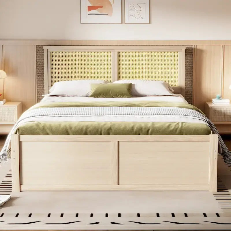 Lit de rangement en bois naturel avec 4 tiroirs et tête de lit en rotin