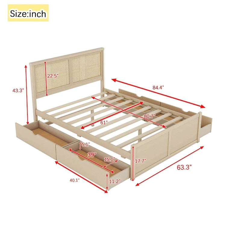 Lit de rangement en bois naturel avec 4 tiroirs et tête de lit en rotin