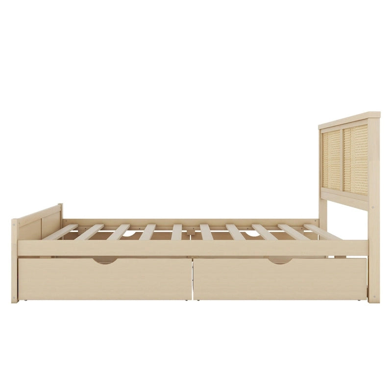 Lit de rangement en bois naturel avec 4 tiroirs et tête de lit en rotin