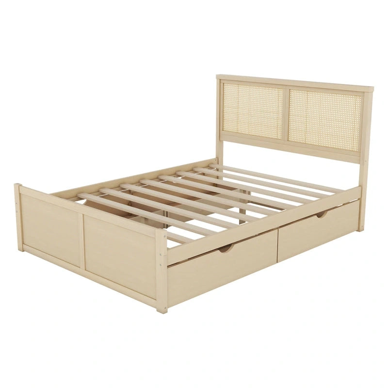 Lit de rangement en bois naturel avec 4 tiroirs et tête de lit en rotin