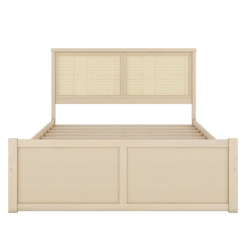 Lit de rangement en bois naturel avec 4 tiroirs et tête de lit en rotin