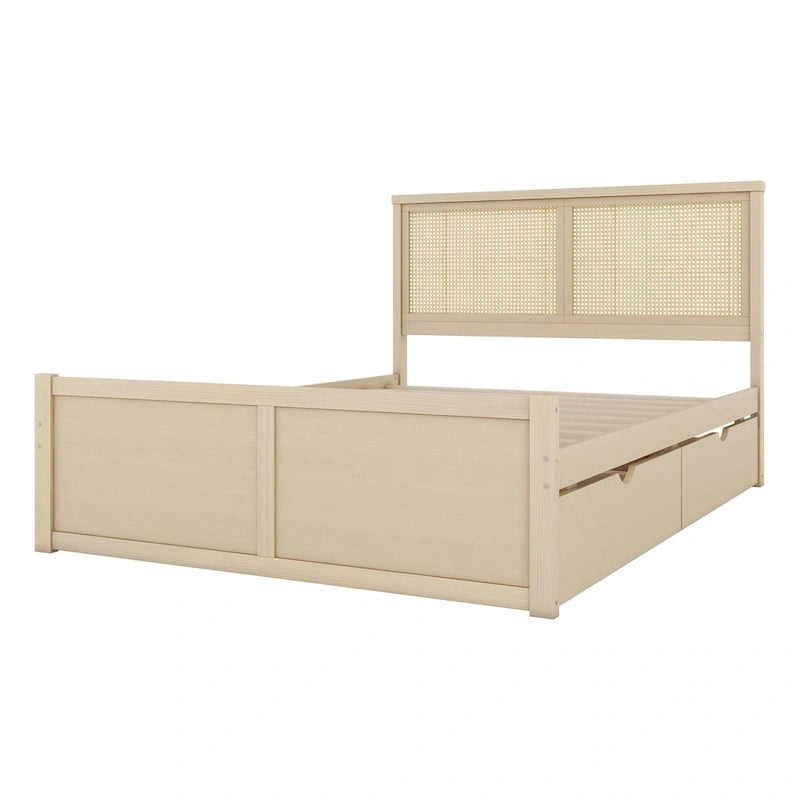 Lit de rangement en bois naturel avec 4 tiroirs et tête de lit en rotin