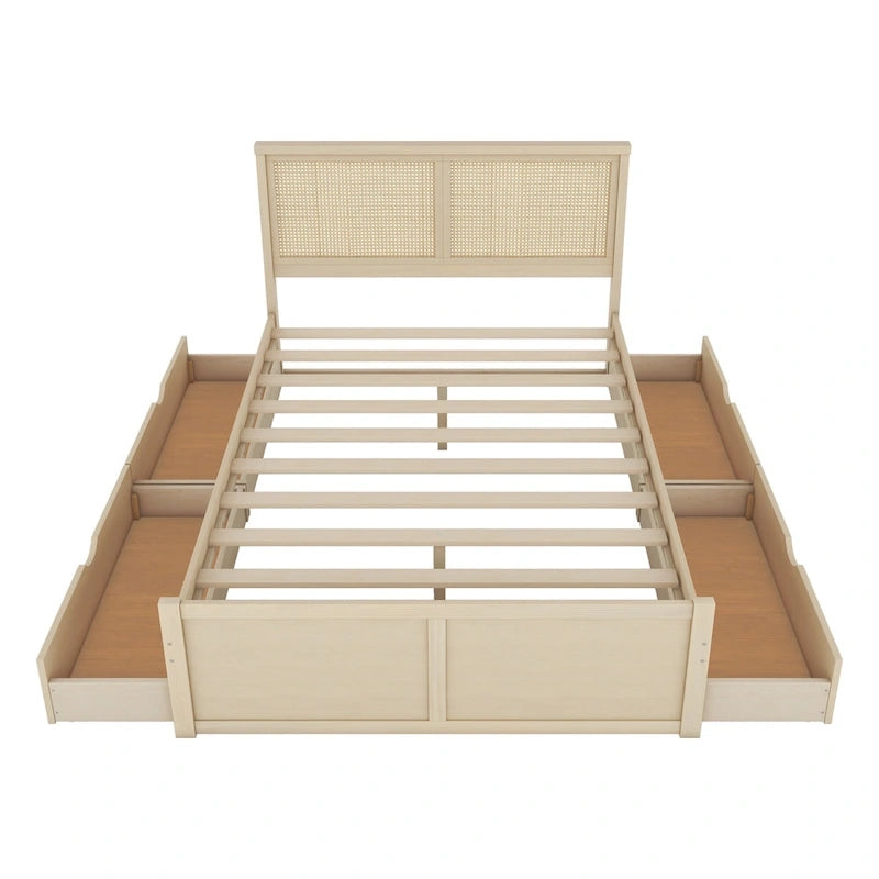 Lit de rangement en bois naturel avec 4 tiroirs et tête de lit en rotin