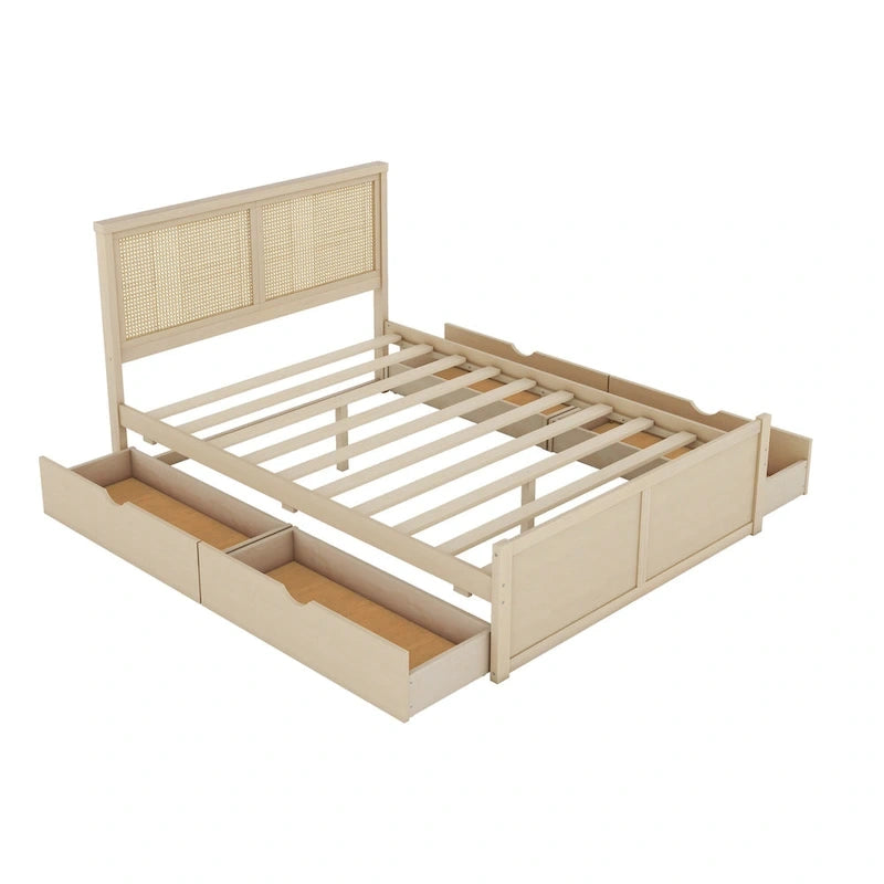 Lit de rangement en bois naturel avec 4 tiroirs et tête de lit en rotin