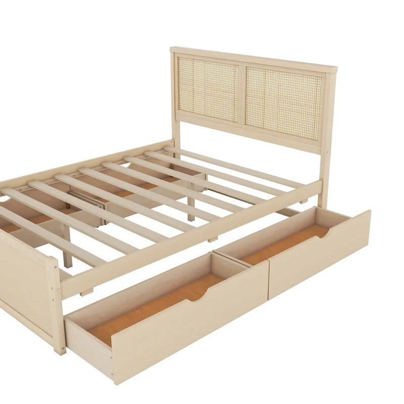 Lit de rangement en bois naturel avec 4 tiroirs et tête de lit en rotin