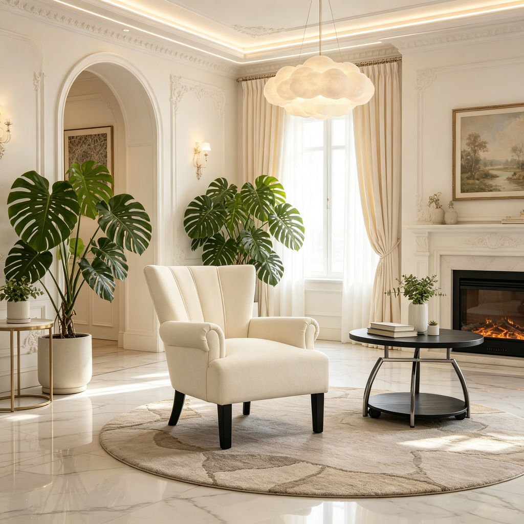Fauteuil moderne beige avec dossier capitonné