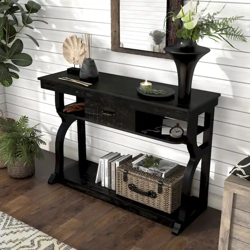 Table console en chêne noir de style ferme avec 3 étagères ouvertes