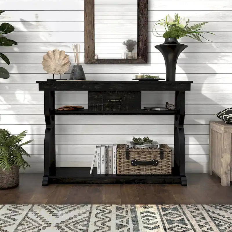 Table console en chêne noir de style ferme avec 3 étagères ouvertes