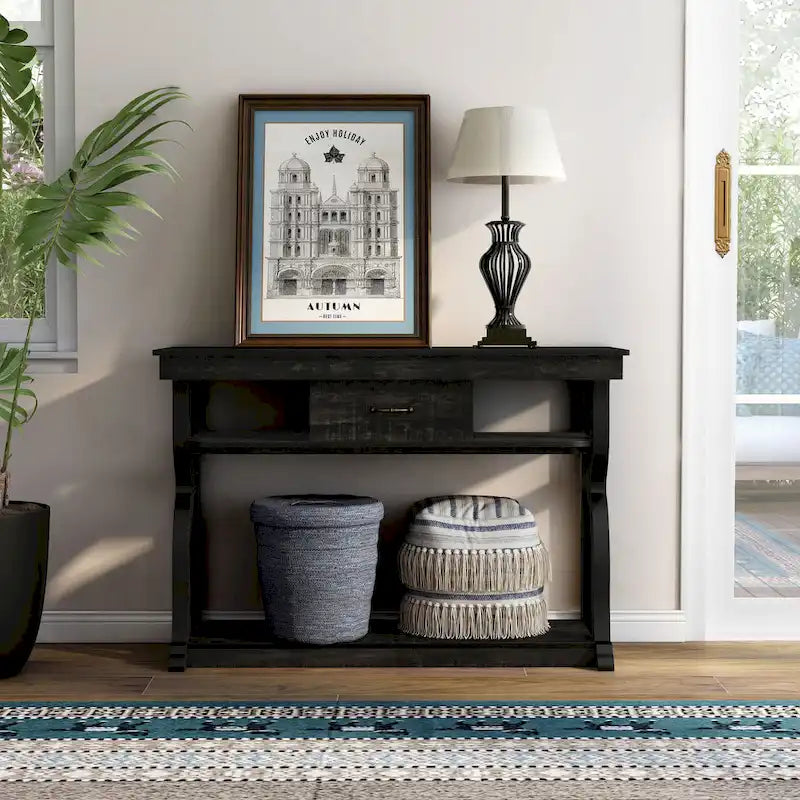Table console en chêne noir de style ferme avec 3 étagères ouvertes