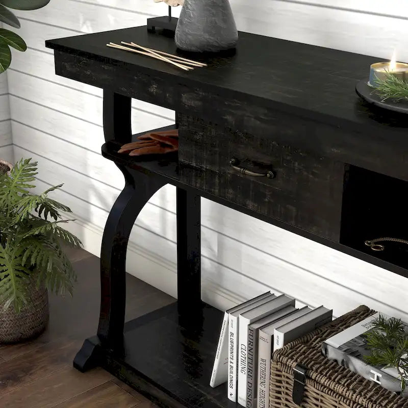 Table console en chêne noir de style ferme avec 3 étagères ouvertes