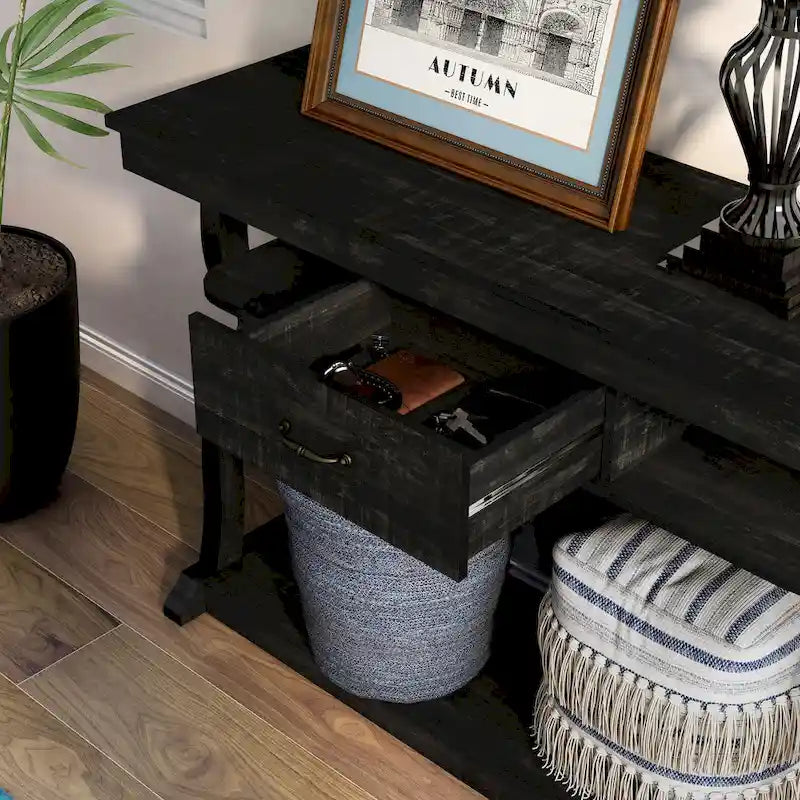 Table console en chêne noir de style ferme avec 3 étagères ouvertes