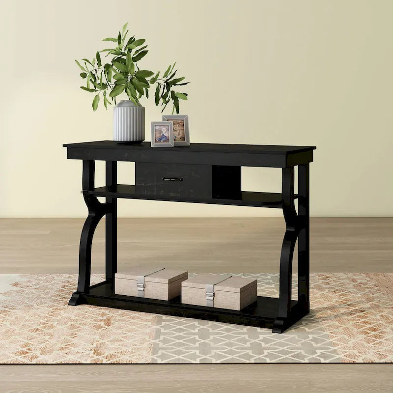 Table console en chêne noir de style ferme avec 3 étagères ouvertes