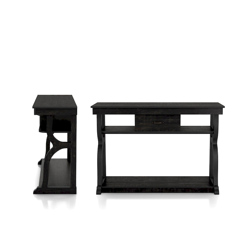 Table console en chêne noir de style ferme avec 3 étagères ouvertes