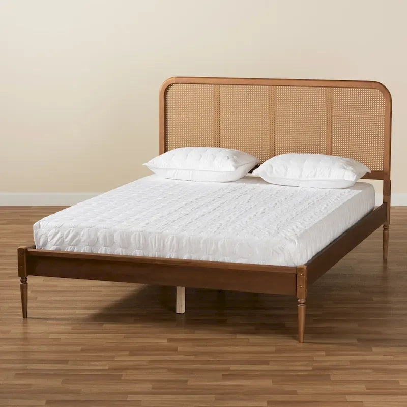 Lit Plateforme en Bois et Rotin Synthétique, Style Mid-Century Moderne