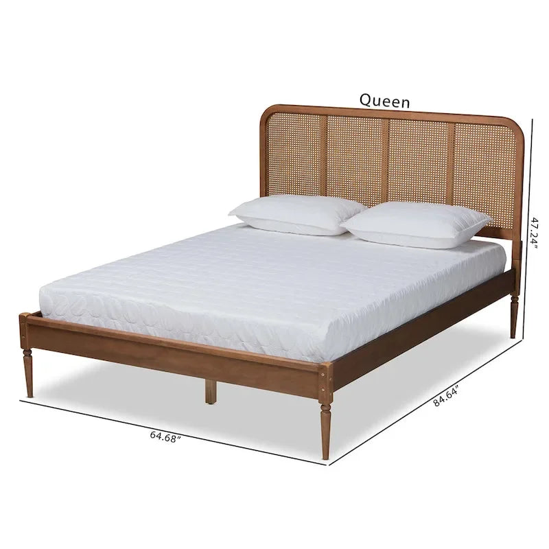 Lit Plateforme en Bois et Rotin Synthétique, Style Mid-Century Moderne