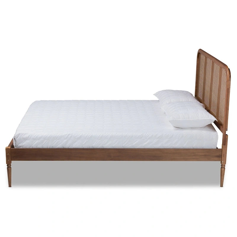 Lit Plateforme en Bois et Rotin Synthétique, Style Mid-Century Moderne