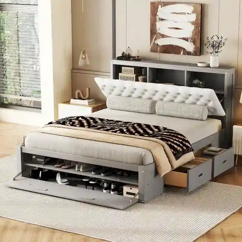 Lit plateforme en bois avec tête de lit de rangement, range-chaussures et 4 tiroirs