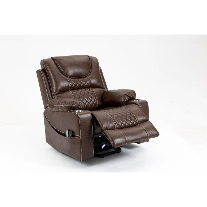 Fauteuil inclinable releveur en cuir marron, massage multifonction, chauffant, avec porte-gobelets