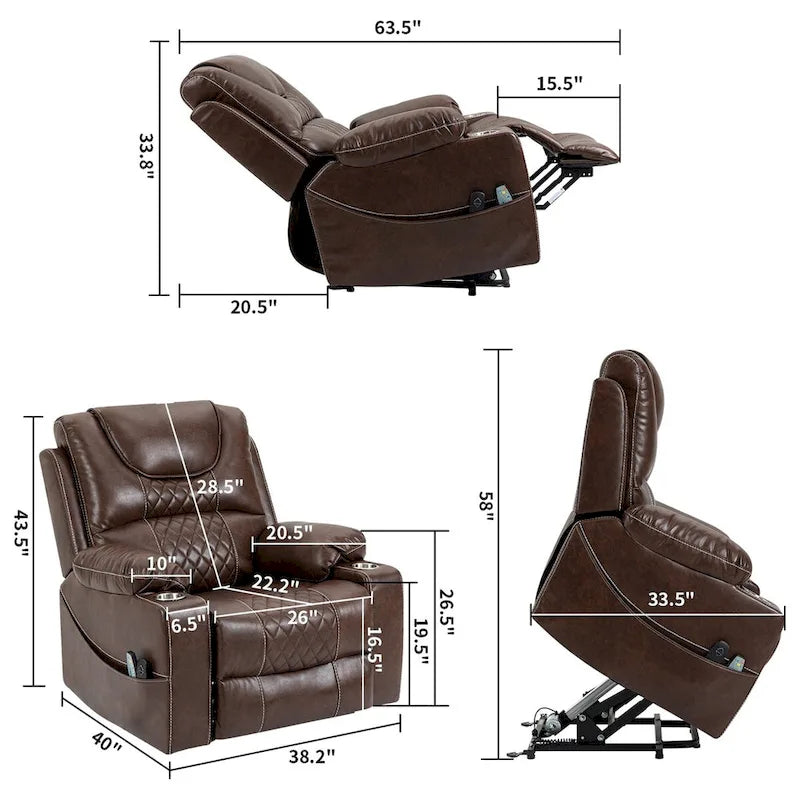 Fauteuil inclinable releveur en cuir marron, massage multifonction, chauffant, avec porte-gobelets
